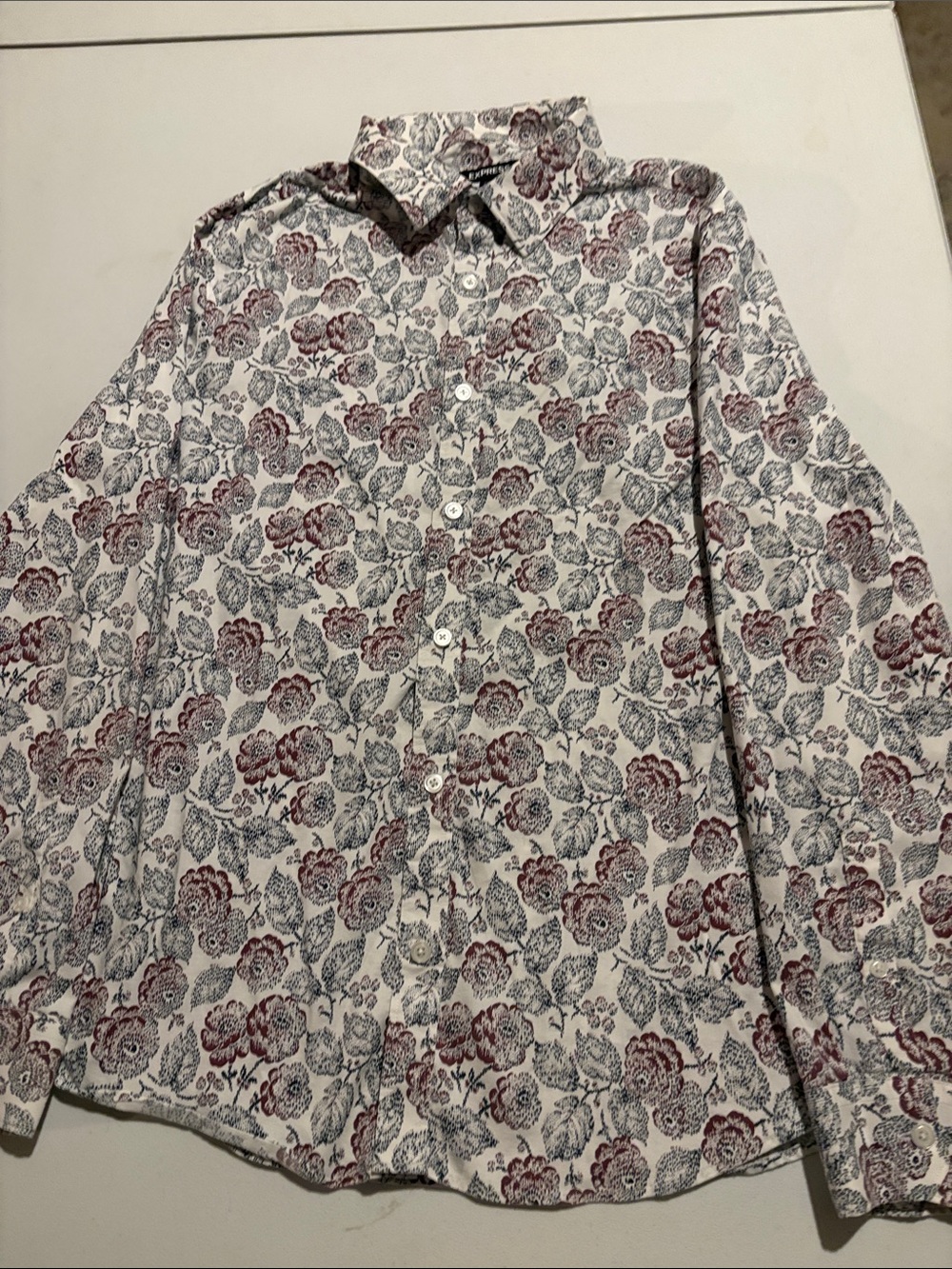 Express Floral Button-Down Shirt in White with Burgundy and Slate Floral Print